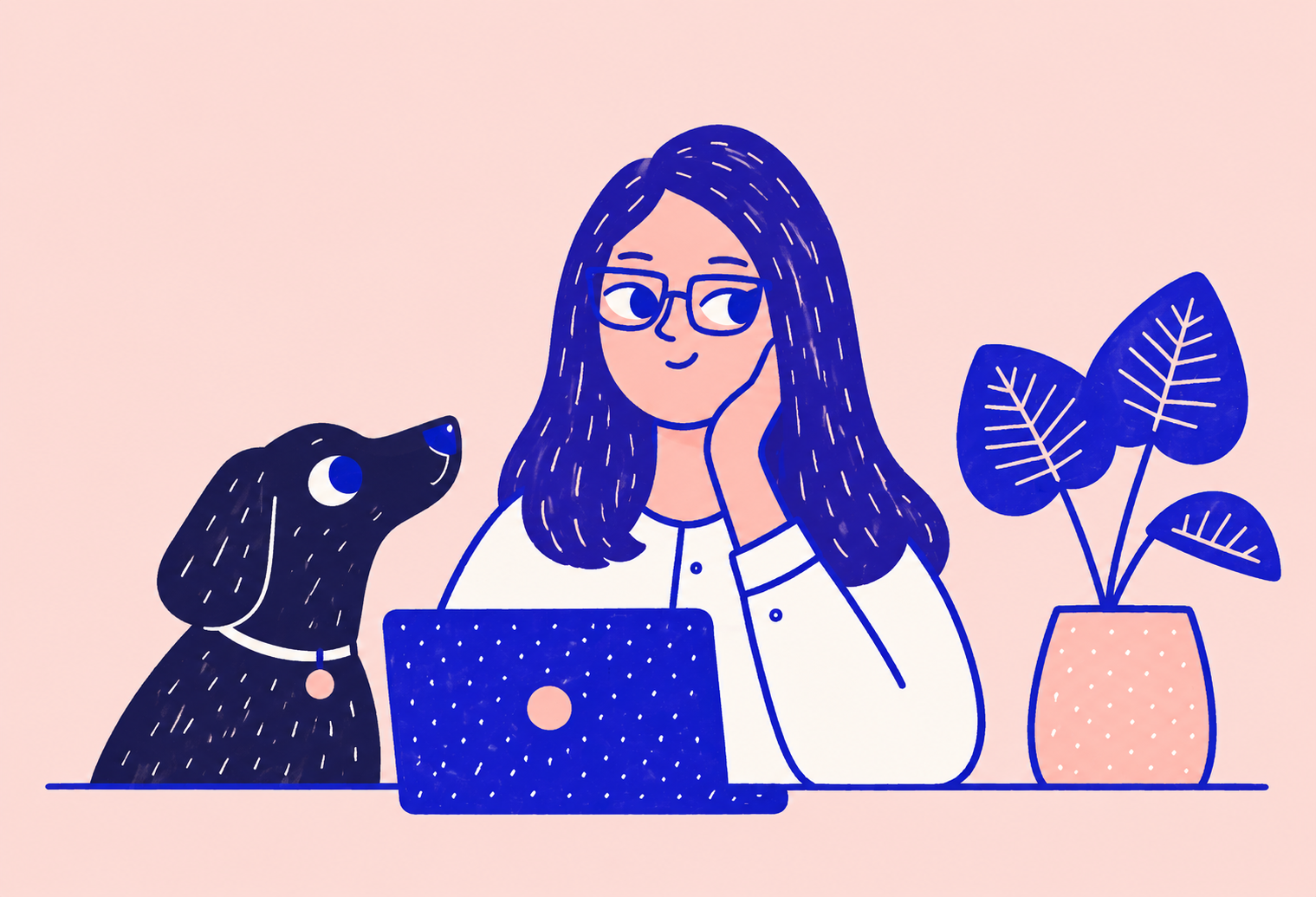 Illustration of Dana at her laptop with her dog and a plant