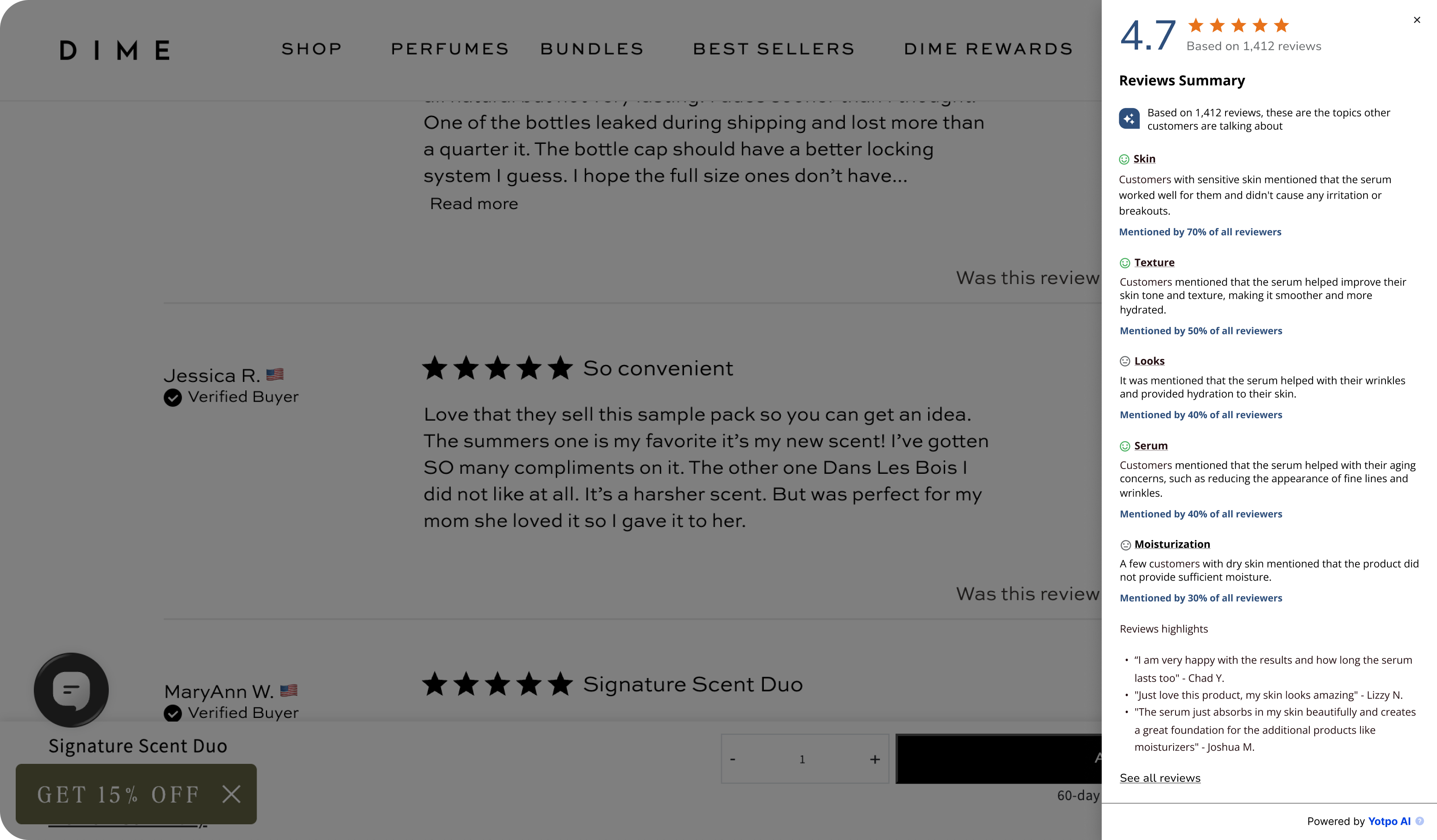 Reviews summary opened in a thin drawer with page darkening