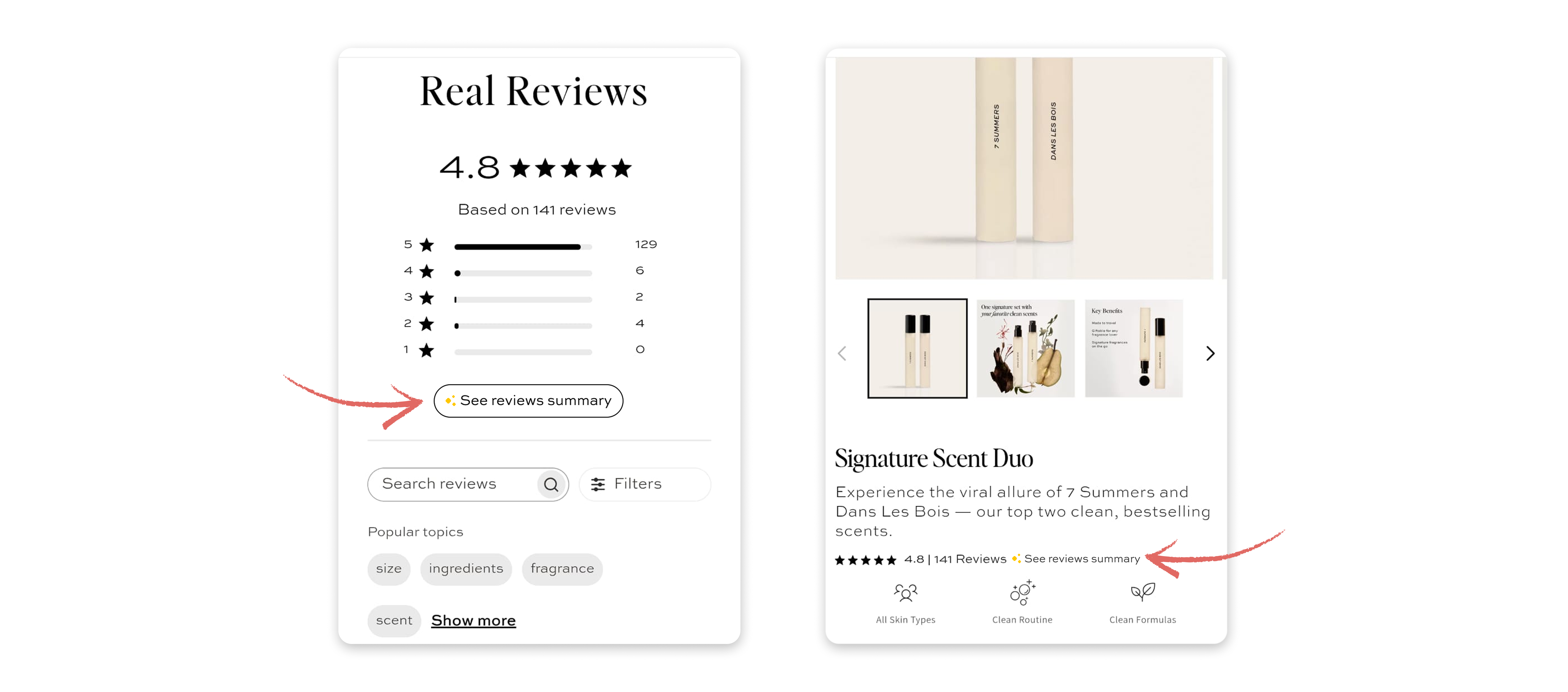 Final design placement of the reviews summary next to real reviews and star rating
