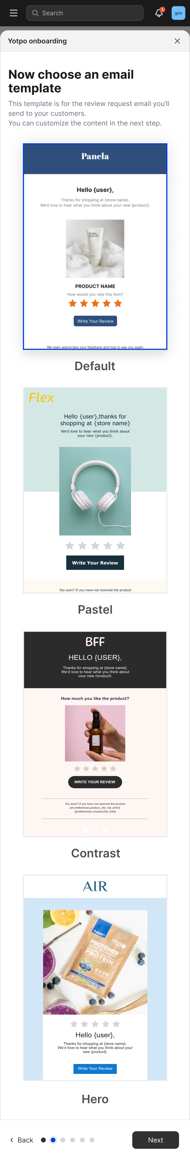 Mobile: choose an email template