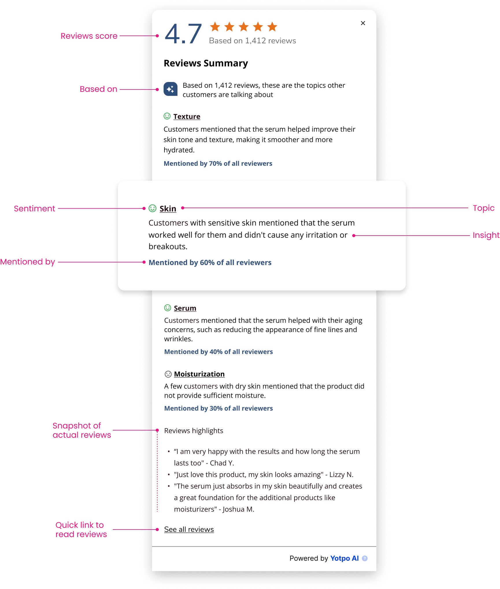 Annotated structure of the reviews summary: score, based on, sentiment, topic, insight, mentioned by, review highlights, and link to reviews representation
